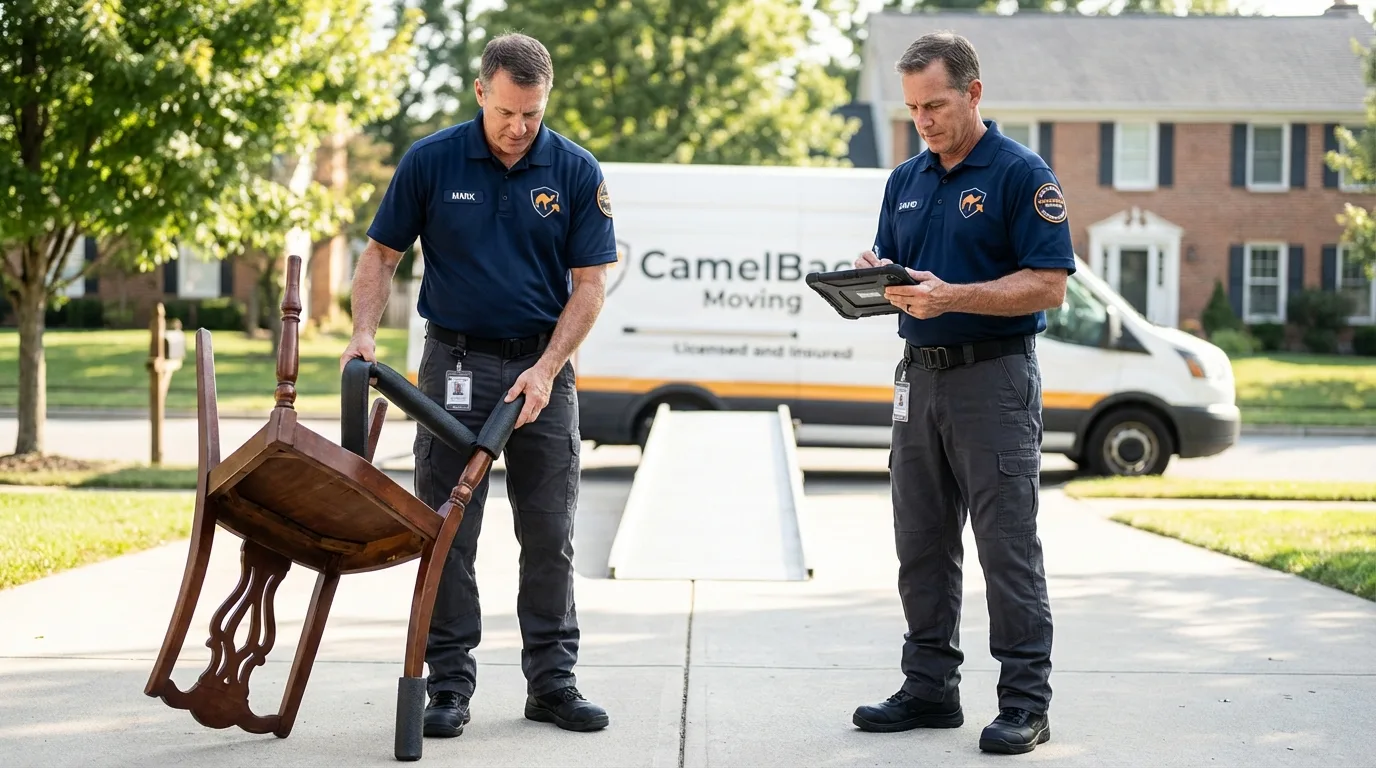 Movers inspecting furniture for damage prevention before loading in Nashville, MI