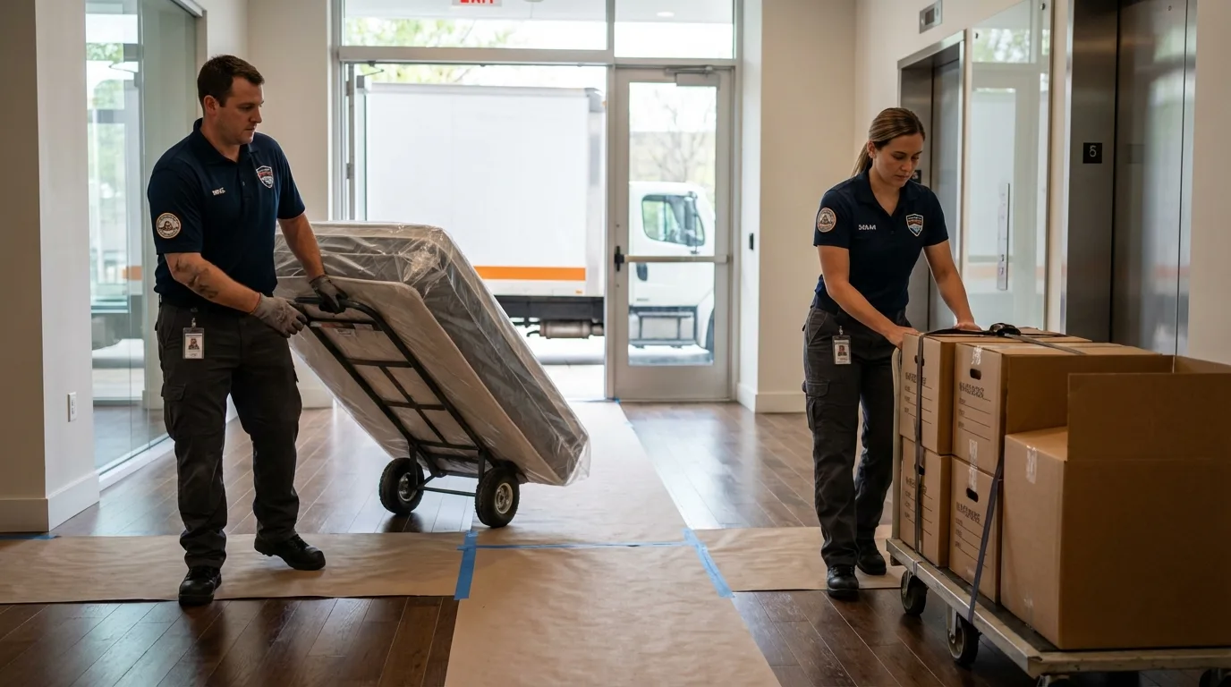 Professional apartment movers loading elevator in Nashville, MI