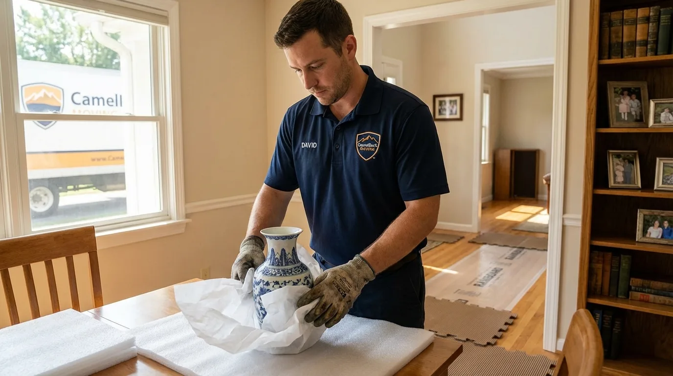 Professional crew carefully wrapping antique vase for senior downsizing move in Nashville, MI